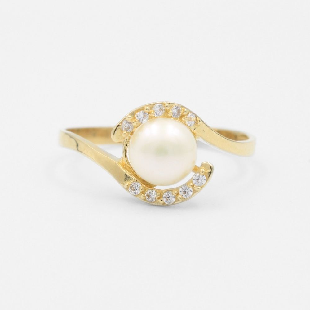 Anillo de Oro 14k con Perla Natural Incrustada en Bisel de Zirconias mod. 8567