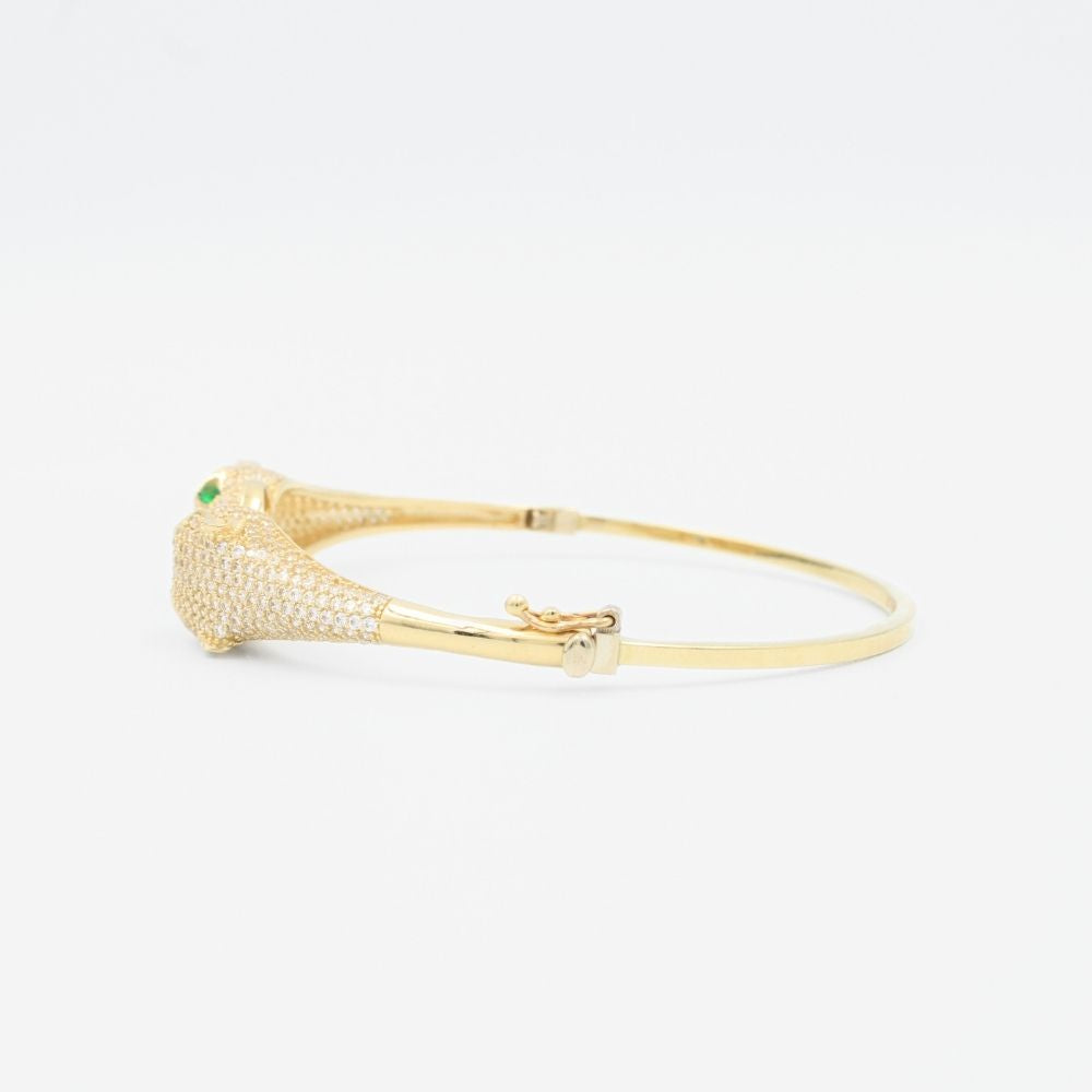 Aro de Oro 14k Hueco con Panteras Incrustada de Zirconias Brillantes de Ojos Verdes mod. 8997