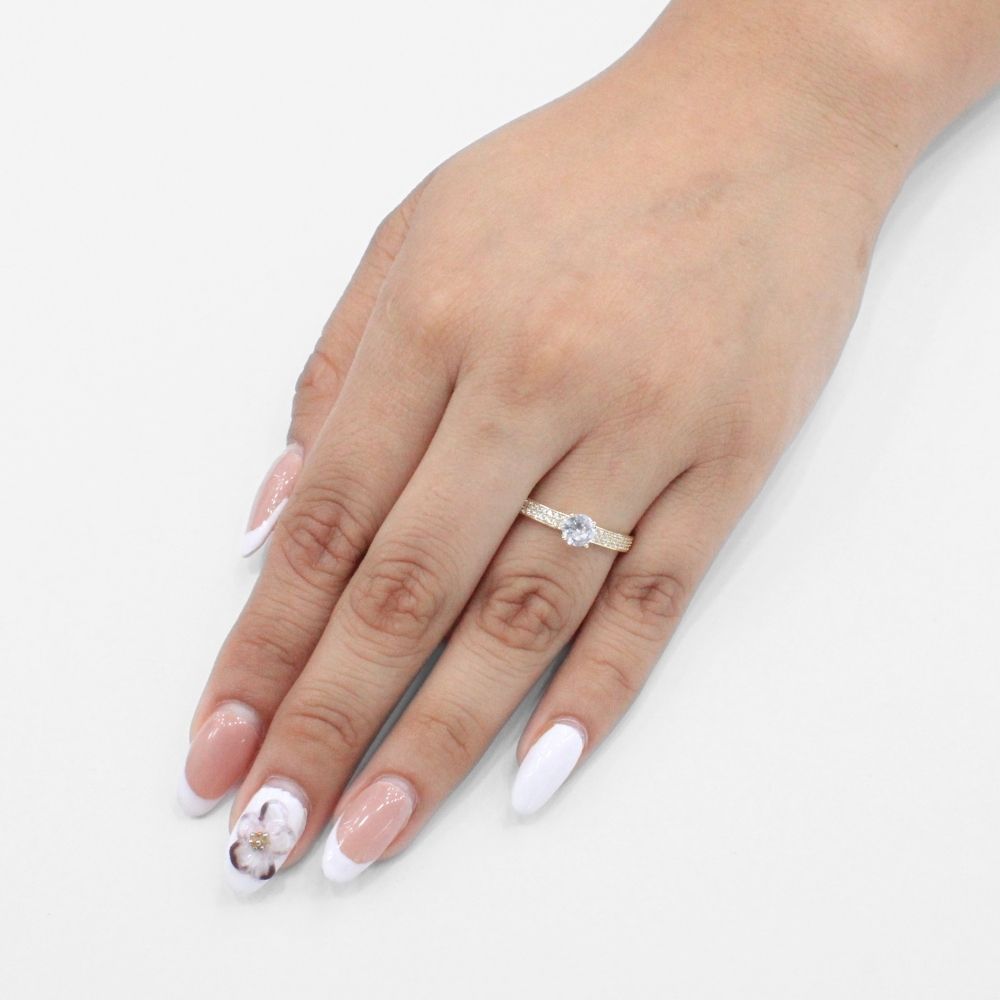Anillo de Compromiso en Oro 14k con Doble Línea de Zirconias Finas y Zirconia Brillante mod. 9723