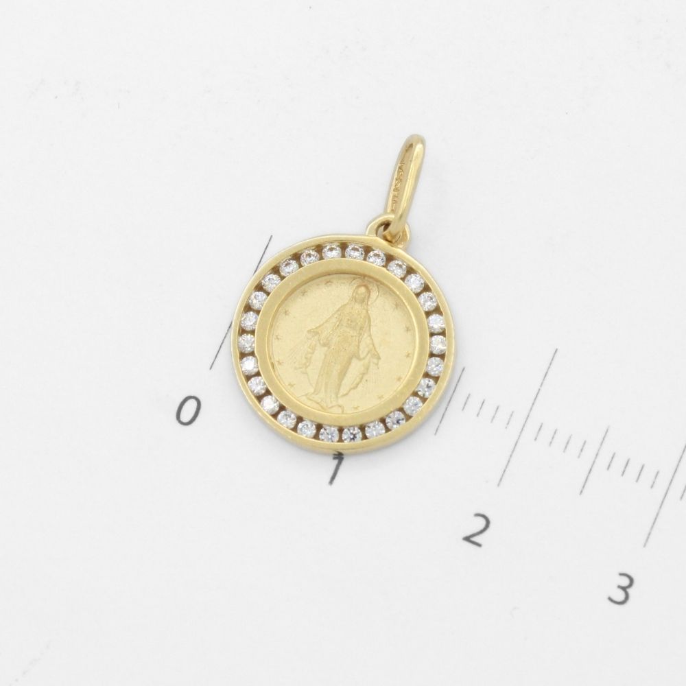 Medalla de Oro 14k de Forma Circular con Zirconias Finas e Imagen de la Virgen Milagrosa mod. 9856