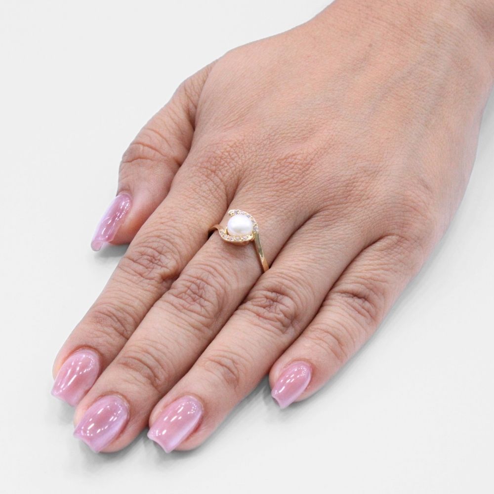 Anillo de Oro 14k con Perla Natural Incrustada en Bisel de Zirconias mod. 8567