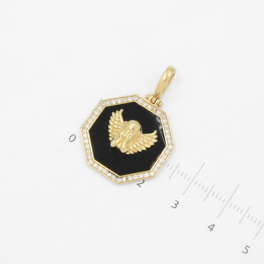 Medalla de Oro 14k de Diseño Especial Octagonal con Ángel Brillante en Piedra Ónix y Bisel de Zirconias mod. 9161