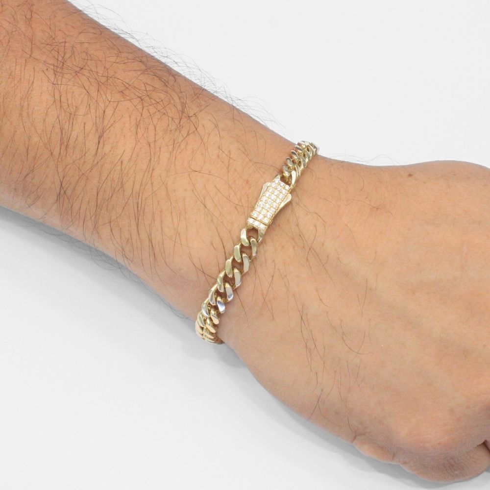 Pulsera de Oro 14k Tejido Barbado Semi Hueco con Broche Incrustado de Zirconias mod. 9882