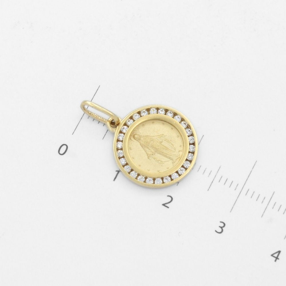 Medalla de Oro 14k de Forma Circular con Zirconias Finas e Imagen de la Virgen Milagrosa mod. 9856