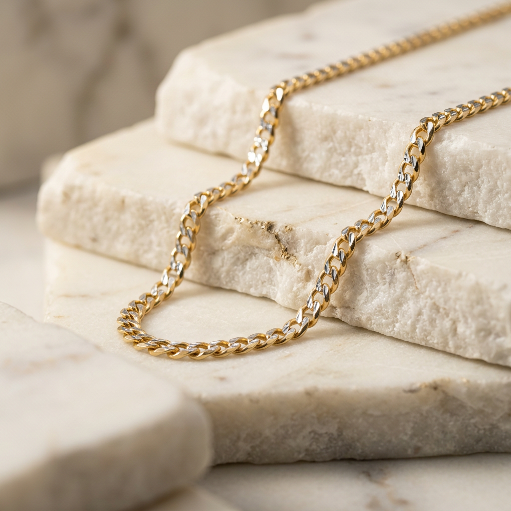 Cadena de Oro 14k Barbada Fina con Diamantado Blanco mod. 11216