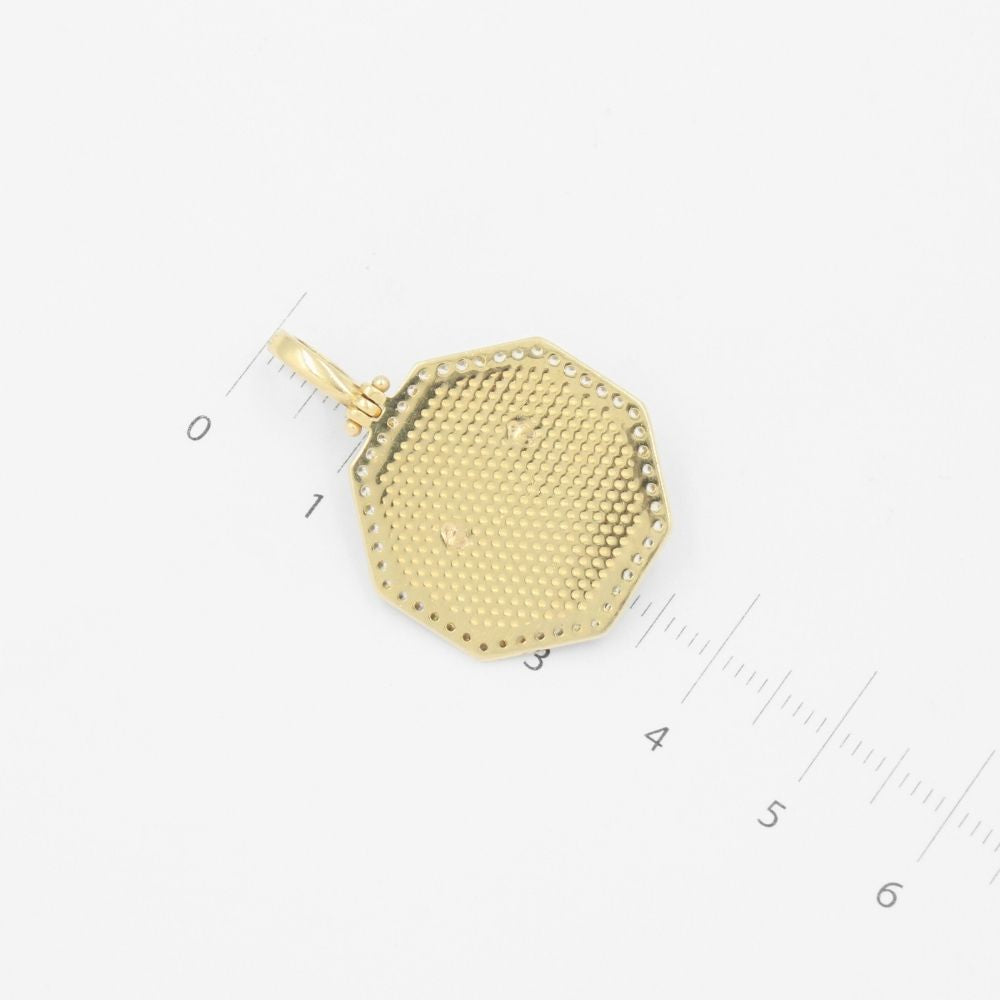 Medalla de Oro 14k de Diseño Especial Octagonal con Ángel Brillante en Piedra Ónix y Bisel de Zirconias mod. 9161