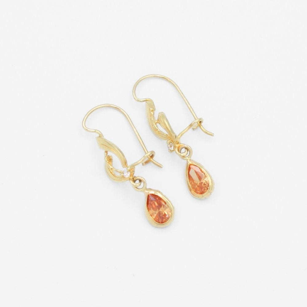 Arete con Broche Arillo de Oro 14k Estilo Largo Elegante con Zirconia Naranja Tangerine mod. 9768