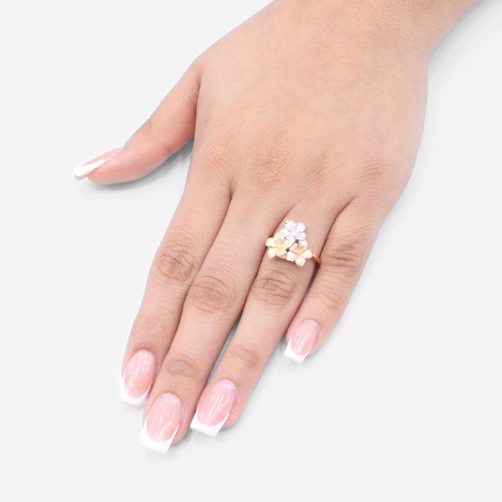 Anillo de Oro 14k con Aro de Oro Rosa y Flores del Pensamiento Mate con Diamantado mod. 9596