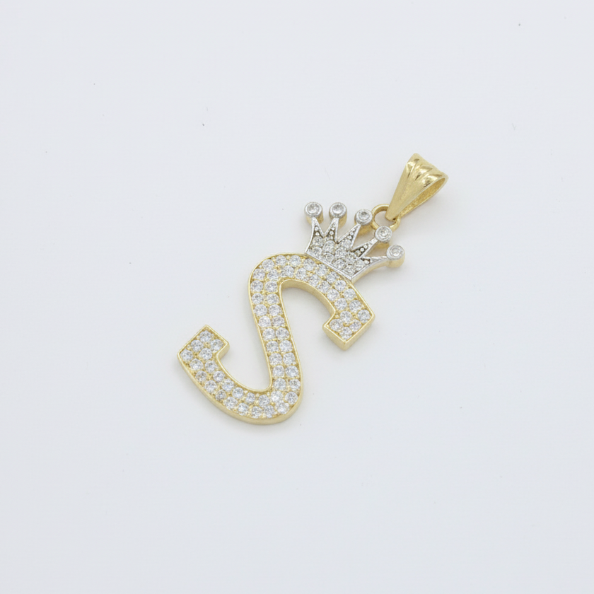 Dije de Oro 14k con Diseño de Inicial S Incrustada con Zirconias mod. 10099