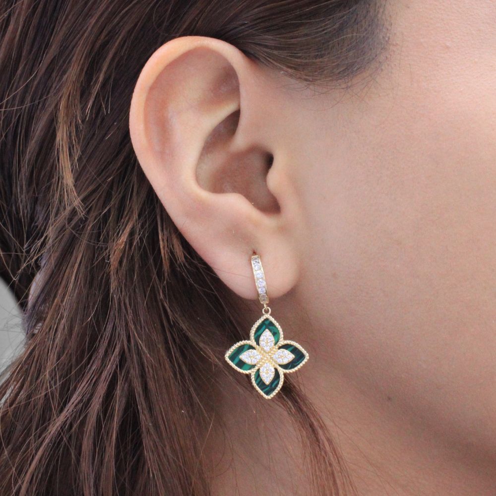 Grapa Larga de Oro 14k con Flor de Malaquita y Zirconias mod. 9059