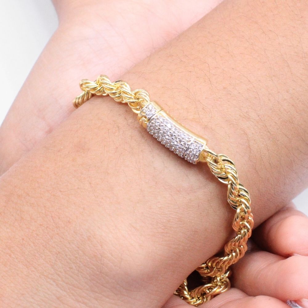 Pulsera de Oro 14k Tejido Espiga Hueca Detallada con Broche Incrustado con Zirconias mod. 8860