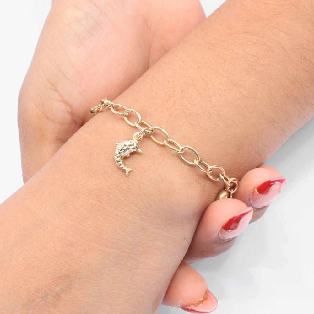 Pulsera de Oro 14k Diseño Fino y Hueco con Charms de Delfines Diamantados mod. 9029
