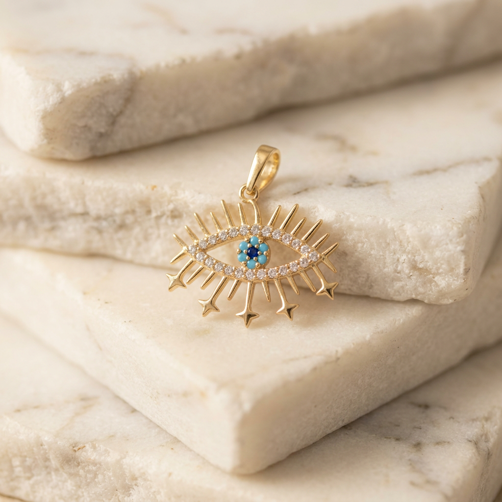 Dije de Oro 14k Ojo Turco Diseño de Destellos con Zirconias mod. 11223