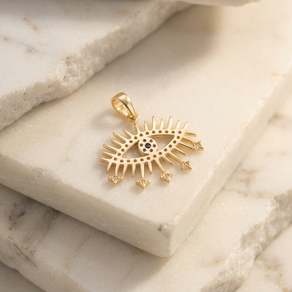 Dije de Oro 14k Ojo Turco Diseño de Destellos con Zirconias mod. 11223