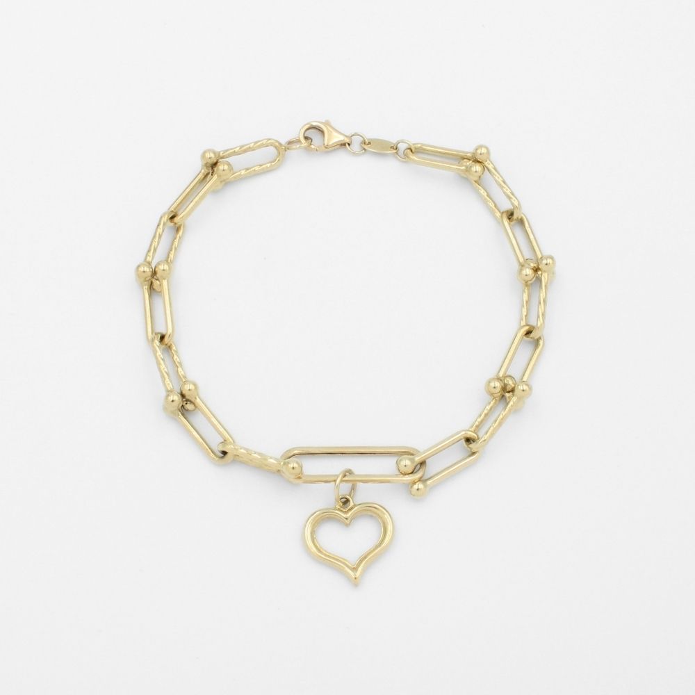 Pulsera de Oro 14k con Eslabones Huecos Especiales con Pequeñas Esferas y Dije de Corazón mod. 9703