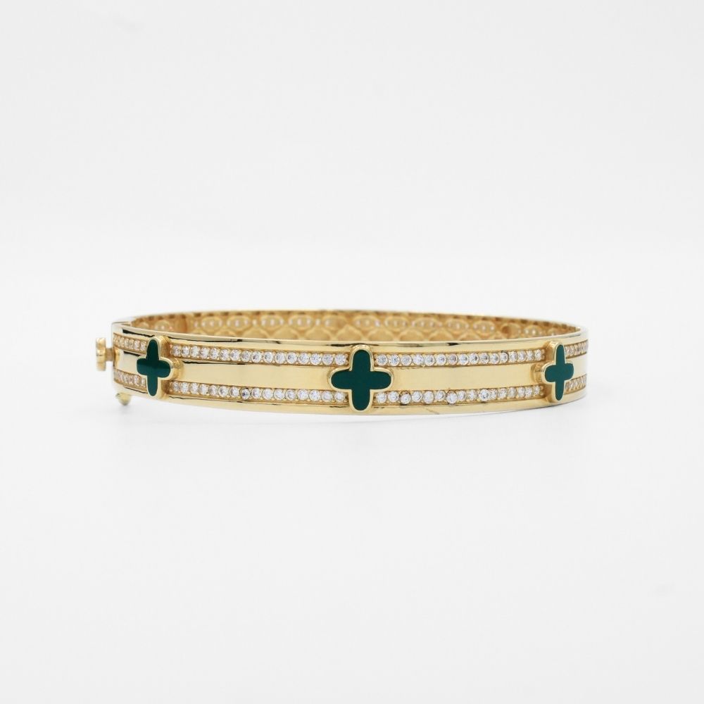 Aro de Oro 14k Diseño Especial Barra con Tréboles Verdes Detallado con Zirconias Finas mod. 9752