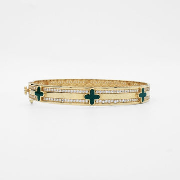 Aro de Oro 14k Diseño Especial Barra con Tréboles Verdes Detallado con Zirconias Finas mod. 9752
