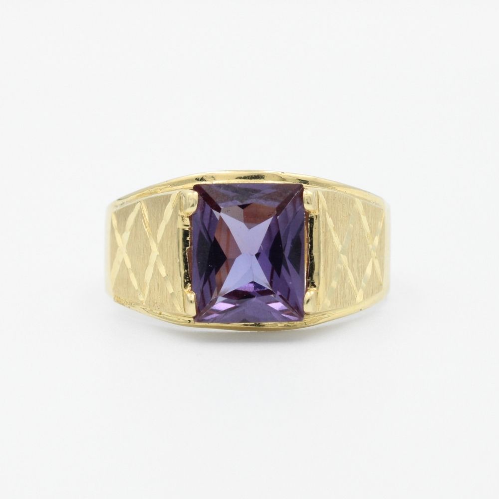 Anillo de Oro 14k con Zirconia Color Morado Royal y Diseño Mate de Figura X mod. 9465