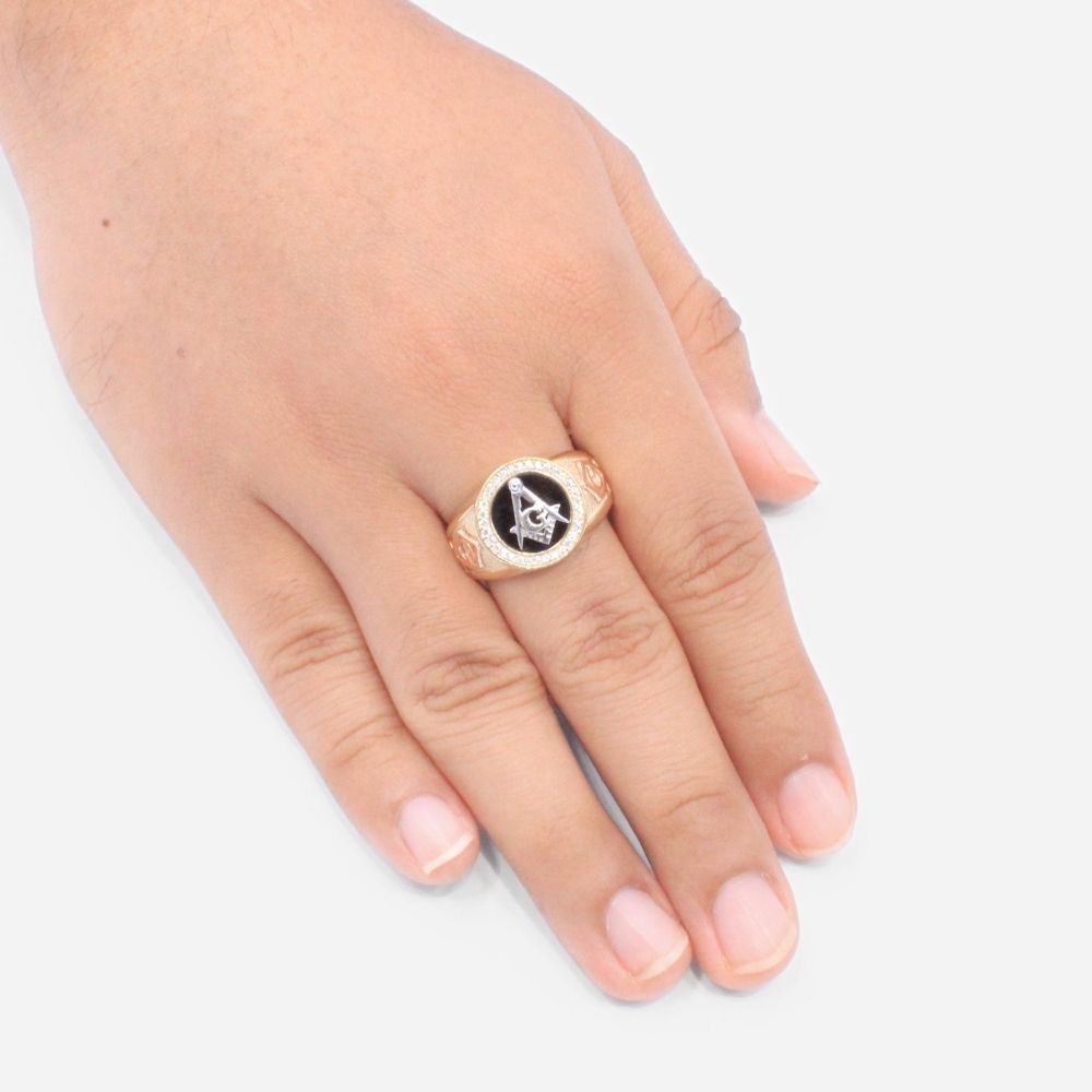 Anillo Masónico de Oro Florentino Detallado con Zirconias mod. 6005
