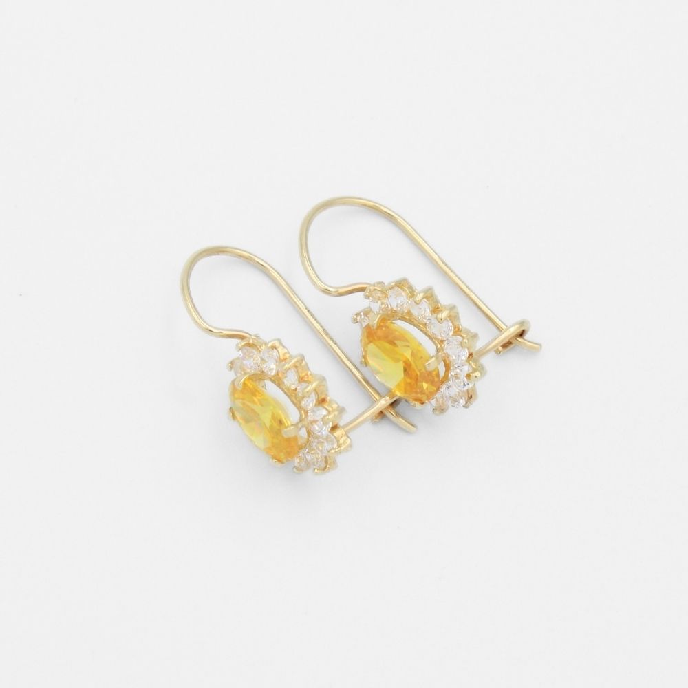 Arete con Broche Arillo de Oro 14k Flor de Zirconia Ambar con Zirconias Brillantes mod. 9765