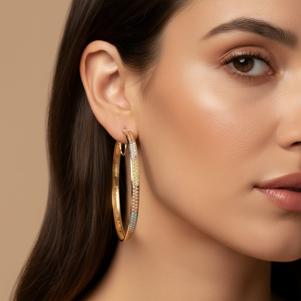 Arracada de Oro 14k Hueco con Diseño Elegante y Diamantado Fino y Brillante mod. 10040