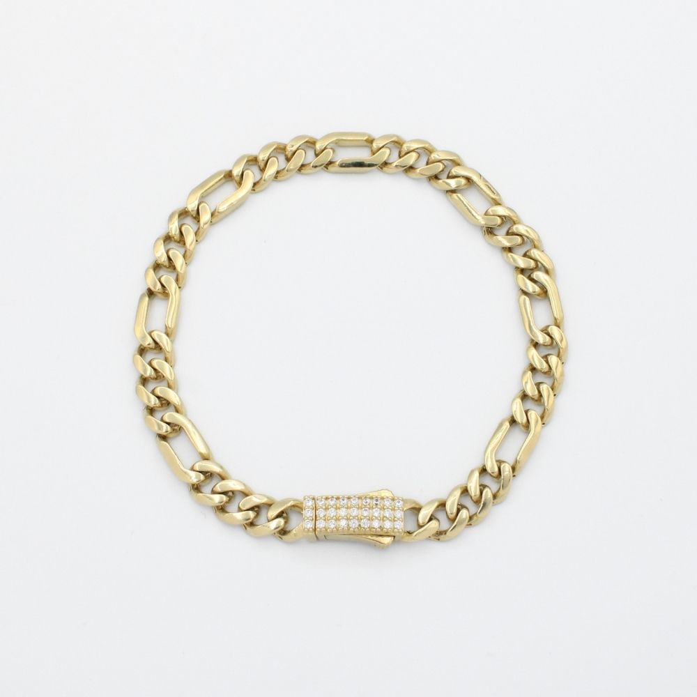 Pulsera de Oro 14k Tejido 3x1 Semi Hueco con Broche Incrustado de Zirconias Brillantes mod. 9883