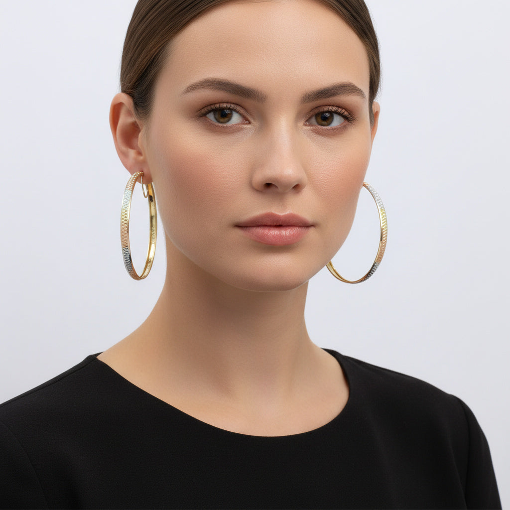 Arracada de Oro 14k Hueco con Diseño Elegante y Diamantado Fino y Brillante mod. 10040