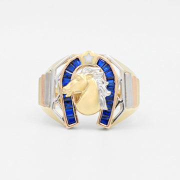 Anillo de Herradura Azul con Caballo Brillante en Oro Florentino mod. 6019