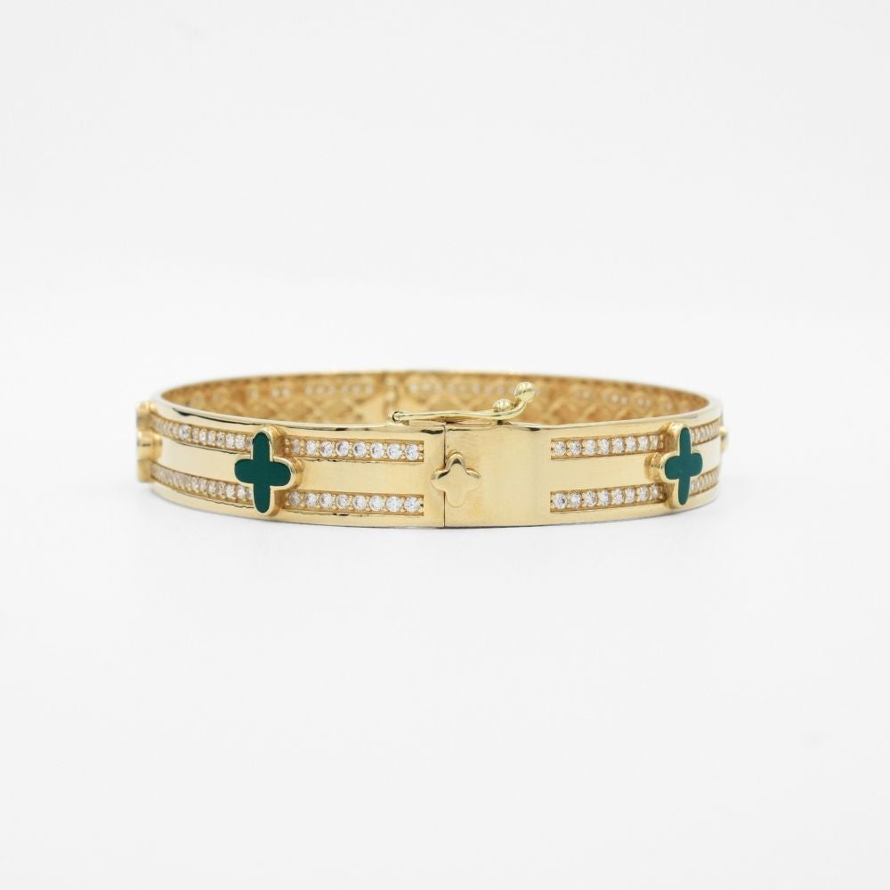 Aro de Oro 14k Diseño Especial Barra con Tréboles Verdes Detallado con Zirconias Finas mod. 9752