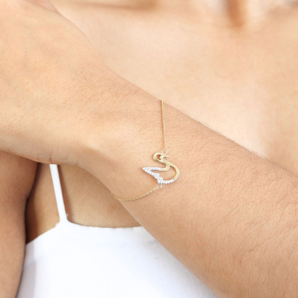 Pulsera de Oro 14k de Tejido Fino con Cisne Incrustado con Zirconias mod. 4984