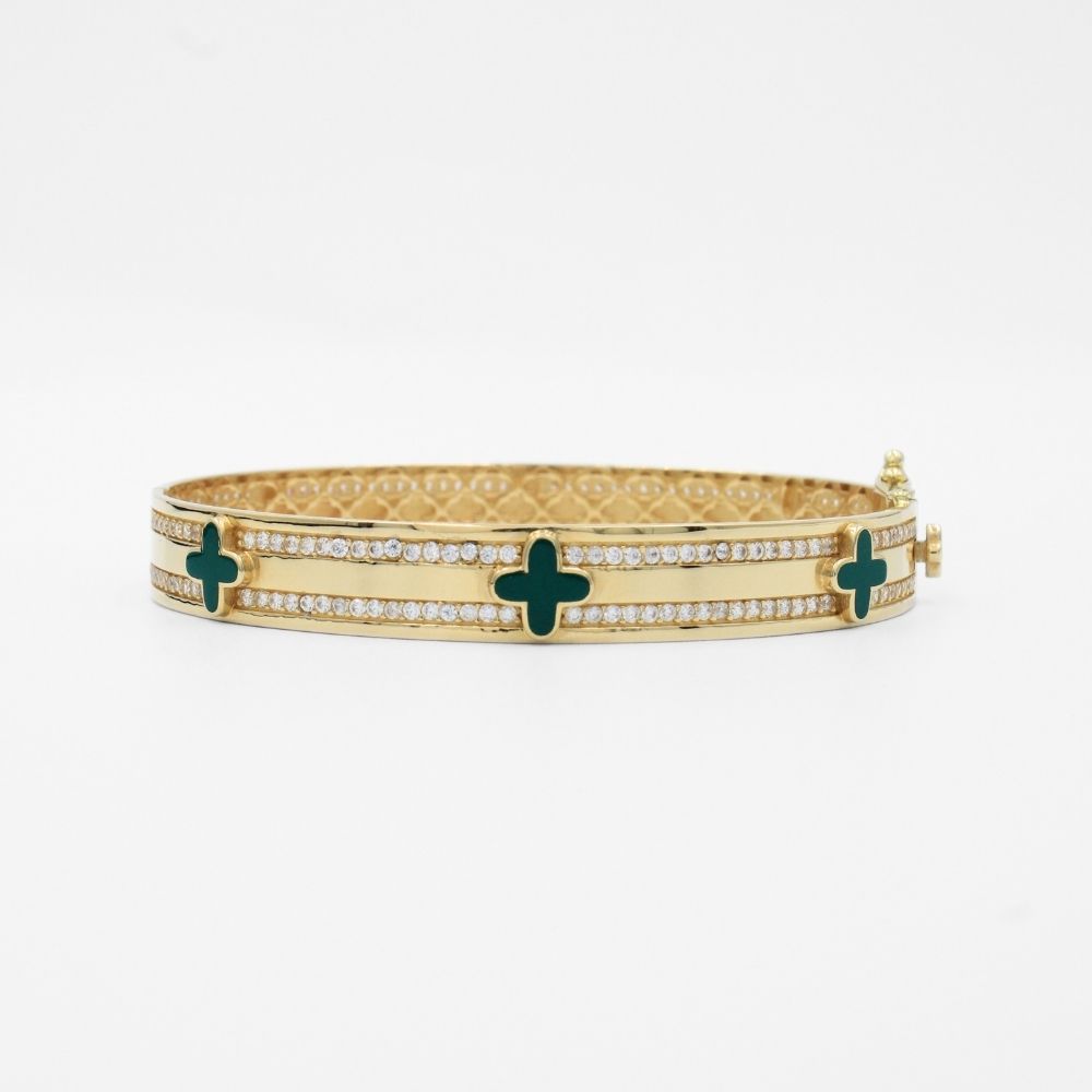 Aro de Oro 14k Diseño Especial Barra con Tréboles Verdes Detallado con Zirconias Finas mod. 9752