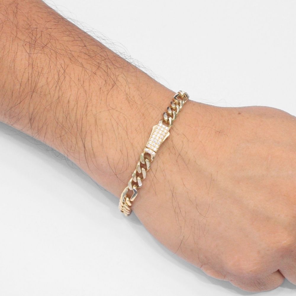 Pulsera de Oro 14k Tejido 3x1 Semi Hueco con Broche Incrustado de Zirconias Brillantes mod. 9883