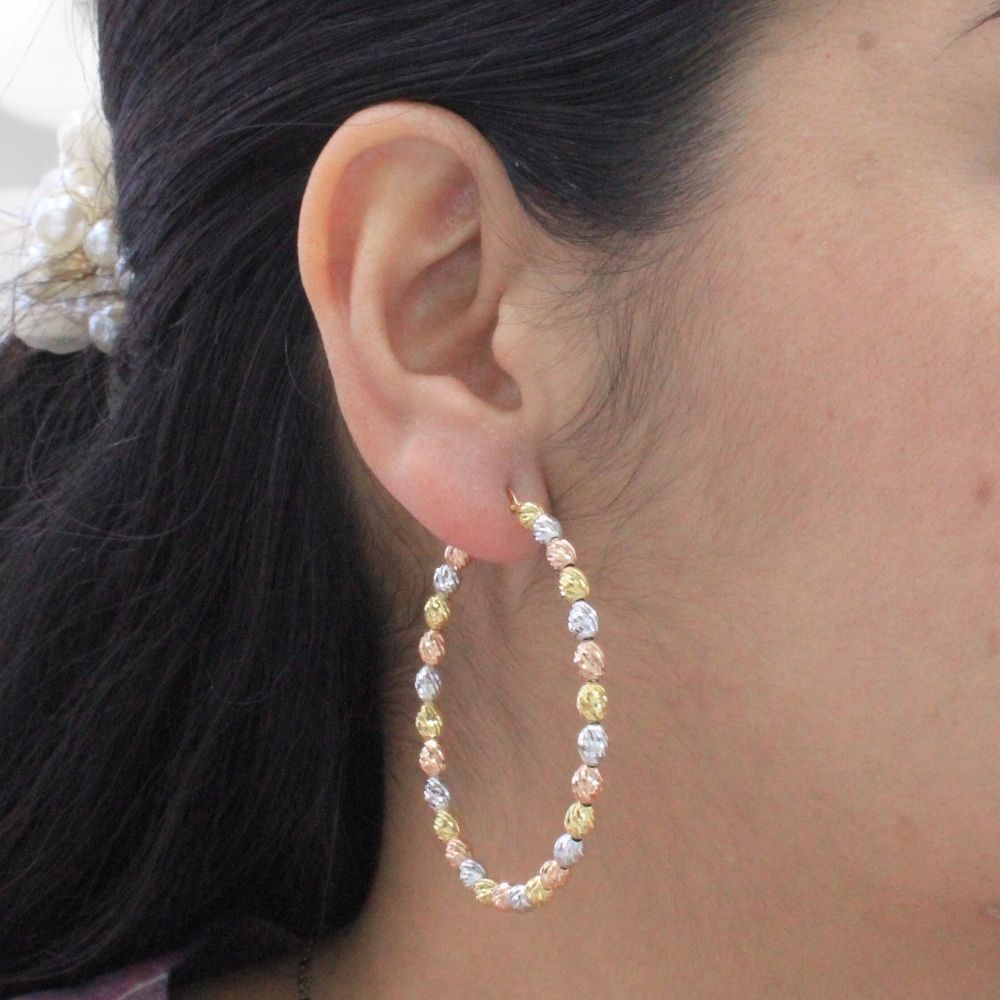 Arracada de Oro 14k Diseño de Esferas Huecas y Diamantadas Estilo Brillante mod. 9789