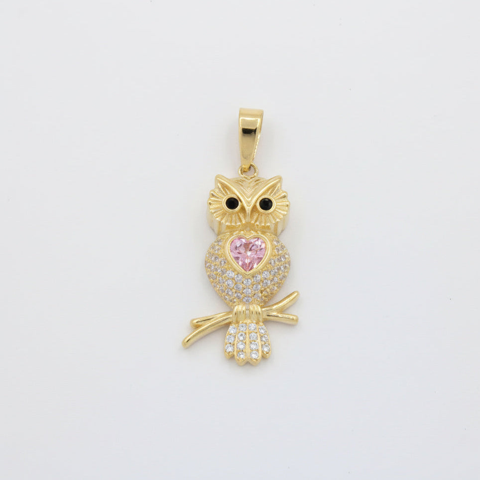 Dije de Oro 14k Búho de Corazón Rosa con Incrustado de Zirconias mod. 10079
