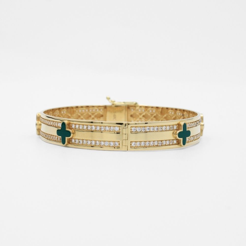 Aro de Oro 14k Diseño Especial Barra con Tréboles Verdes Detallado con Zirconias Finas mod. 9752