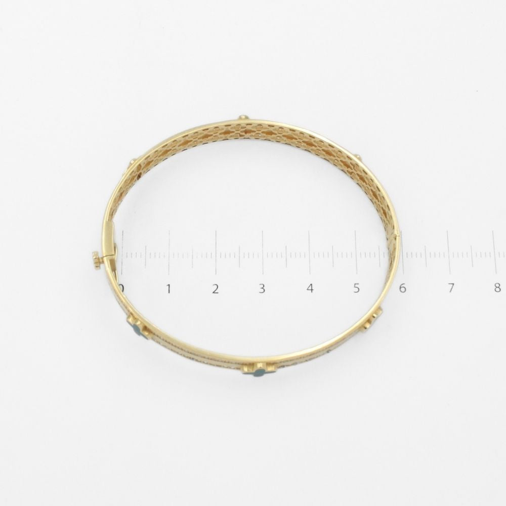 Aro de Oro 14k Diseño Especial Barra con Tréboles Verdes Detallado con Zirconias Finas mod. 9752