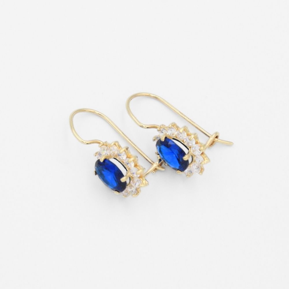 Arete con Broche Arillo de Oro 14k Flor de Zirconia Azul Marino con Zirconias Brillantes mod. 9765