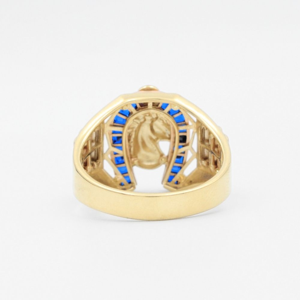 Anillo de Herradura Azul con Caballo Brillante en Oro Florentino mod. 6019
