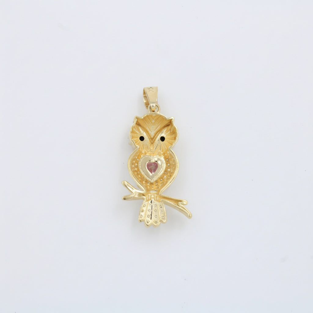 Dije de Oro 14k Búho de Corazón Rosa con Incrustado de Zirconias mod. 10079