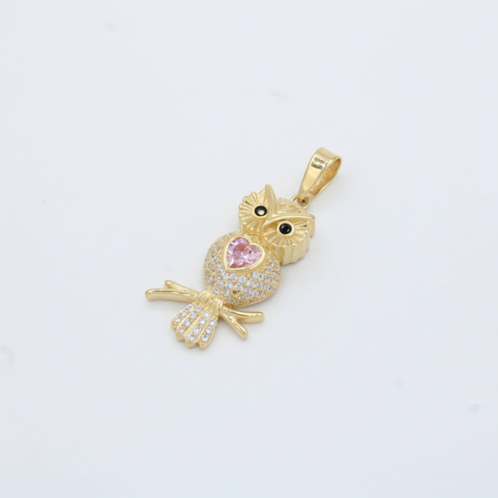 Dije de Oro 14k Búho de Corazón Rosa con Incrustado de Zirconias mod. 10079