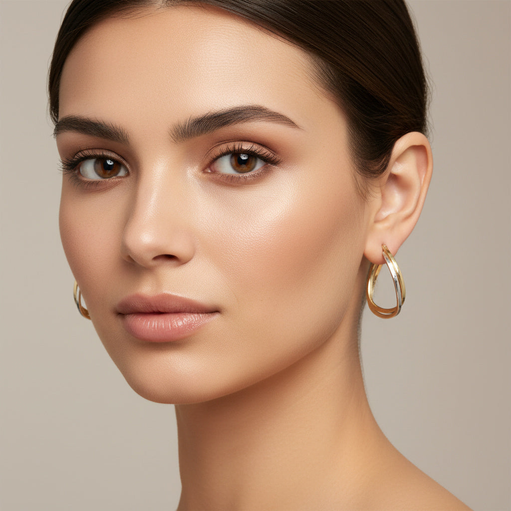 Arracada de Oro 14k Diseño Tubular Cuadrado y Hueco de Estilo Doble Torcido mod. 10041