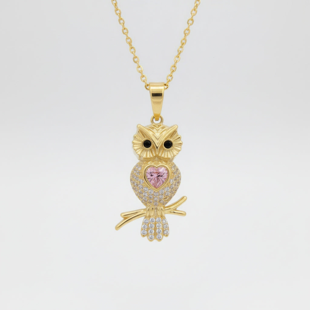 Dije de Oro 14k Búho de Corazón Rosa con Incrustado de Zirconias mod. 10079
