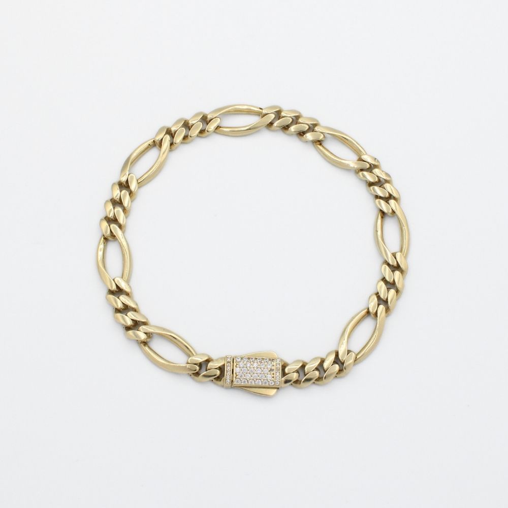 Pulsera de Oro 14k Tejido 3x1 Especial Semi Hueco con Broche Incrustado de Zirconias y Eslabón Amplio mod. 9884