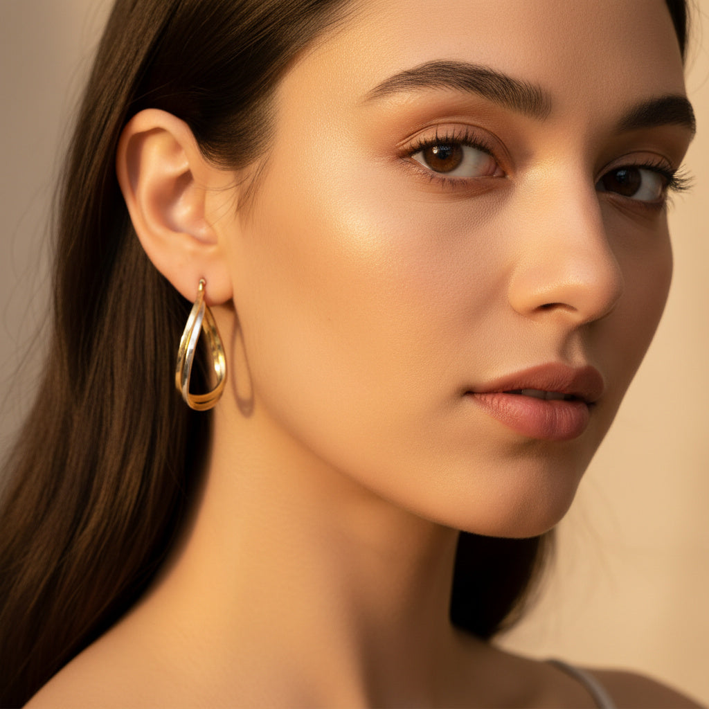 Arracada de Oro 14k Diseño Tubular Cuadrado y Hueco de Estilo Doble Torcido mod. 10041