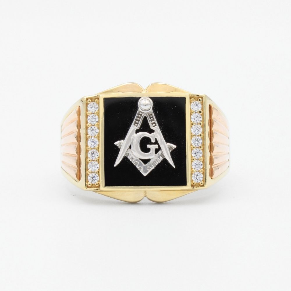Anillo de Oro 14k Diseño Masónico con Escuadra y Compás Detallado con Zirconias mod. 9467
