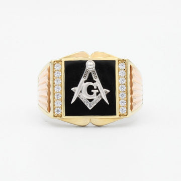 Anillo de Oro 14k Diseño Masónico con Escuadra y Compás Detallado con Zirconias mod. 9467