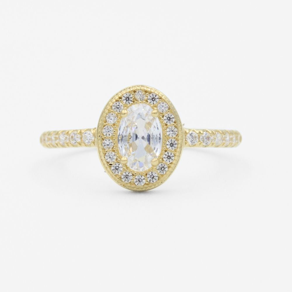 Anillo de Compromiso en Oro 14k con Frente Oval e Incrustación Fina de Zirconias Brillantes mod. 9726