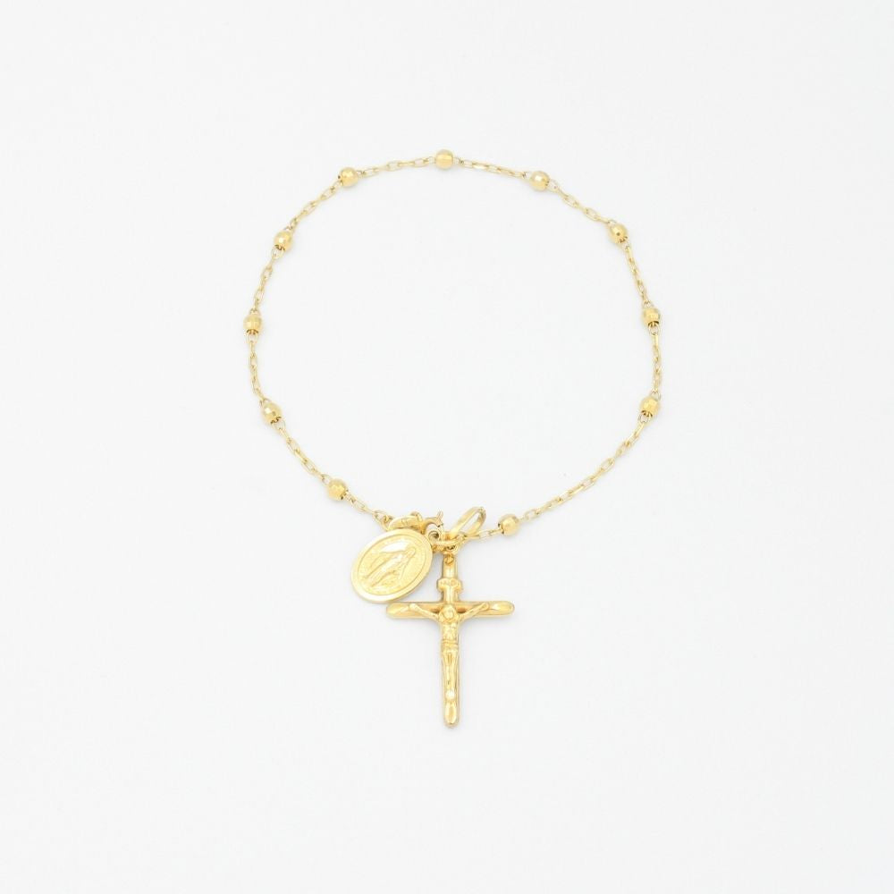 Misterio de Oro 14k con Esferas Facetadas, medalla de la Virgen y Crucifijo Hueco mod. 9394