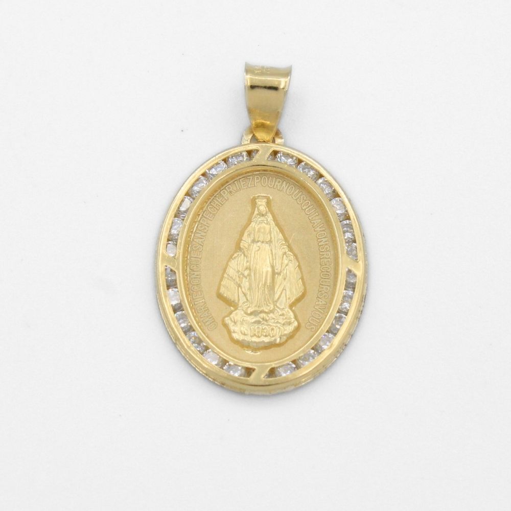 Medalla de Oro 14k Diseño Oval Mate Detallada con Grabado y Zirconias e Imagen de la Virgen Milagrosa mod. 9859