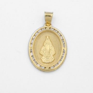 Medalla de Oro 14k Diseño Oval Mate Detallada con Grabado y Zirconias e Imagen de la Virgen Milagrosa mod. 9859